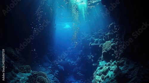Underwater world at the depth of the ocean. Underwater gorges and tunnel. Lots of underwater organisms and fish. Underwater deep world  sea darkness  algae glow  blue neon  corals