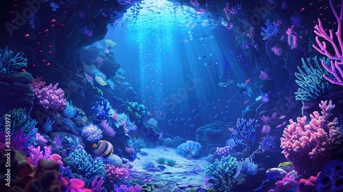 Underwater world at the depth of the ocean. Underwater gorges and tunnel. Lots of underwater organisms and fish. Underwater deep world  sea darkness  algae glow  blue neon  corals