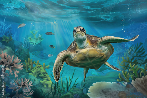 A turtle is swimming in the ocean with fish swimming around it