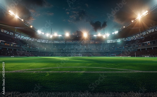 The brightly lit football stadium  the empty green grass under the dark night sky. Banner or poster design with large sports background. The concept of sports competition and the style of game action 