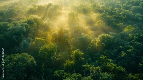 Sun rays beaming through a dense forest - Sunlight filtering through treetops in a dense forest, casting a magical, ethereal glow and creating sun rays
