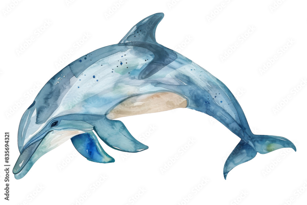 Fototapeta premium Watercolor painting of a blue dolphin is swimming in the ocean. Isolated on transparent background.