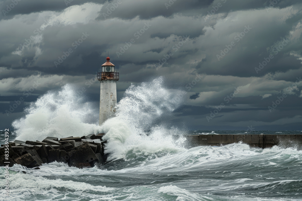 A lighthouse is in the middle of a rough sea