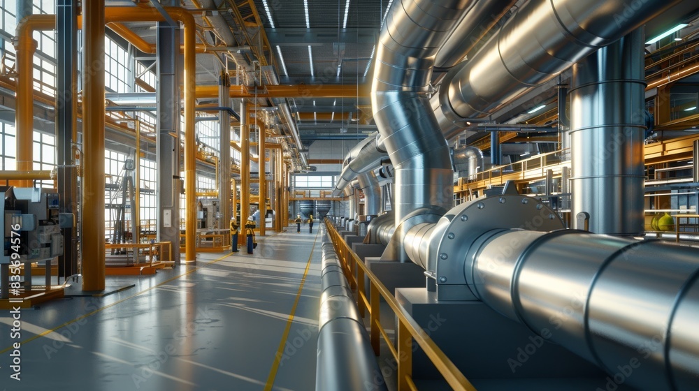 Efficient Modern Industrial Facility. Interior of a modern industrial facility, featuring extensive piping and machinery, accentuated by the presence of workers and a vibrant, detailed architecture.