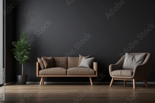 Interior home of living room with armchair and sofa on empty dark wall copy space