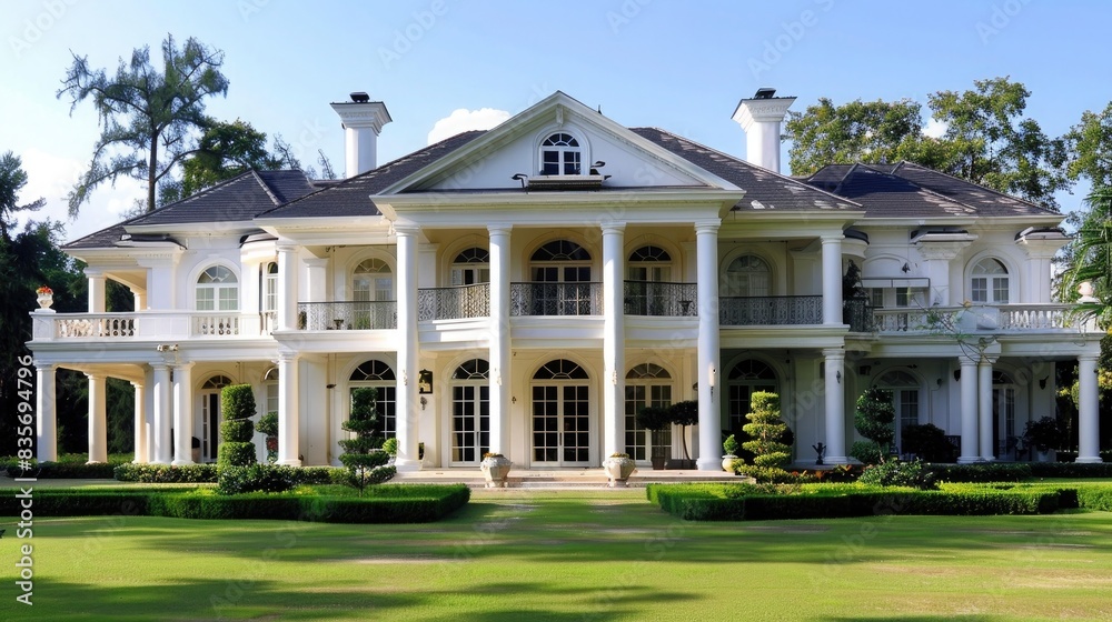 Very beautiful luxury mansion. Exterior of a large white house