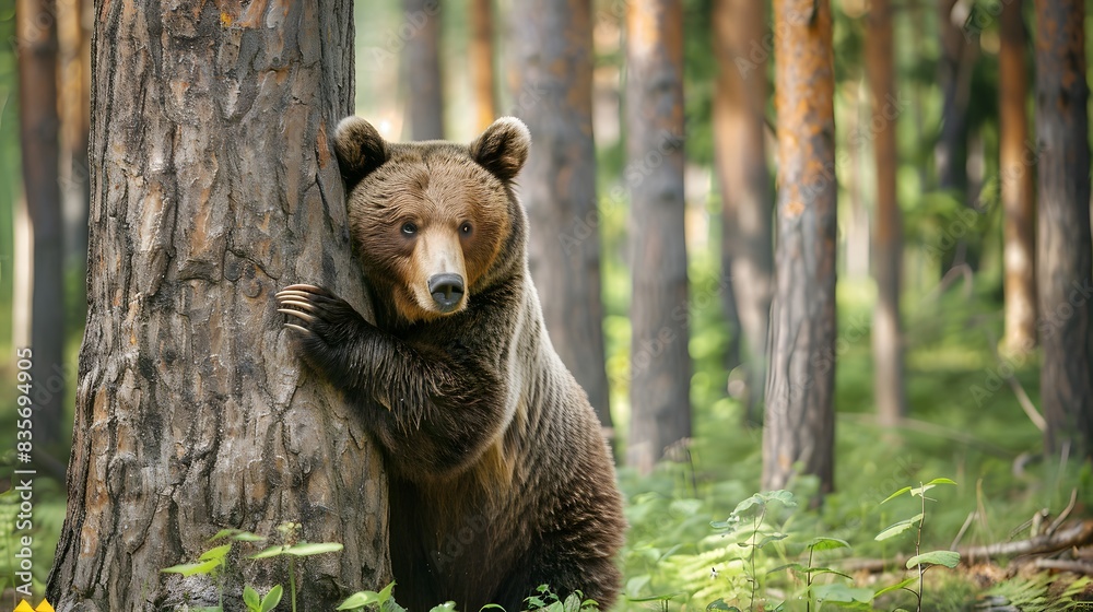 Obraz premium Wild Brown Bear (Ursus Arctos) leans against a tree in the autumn forest. Animal in natural habitat. Wildlife scene