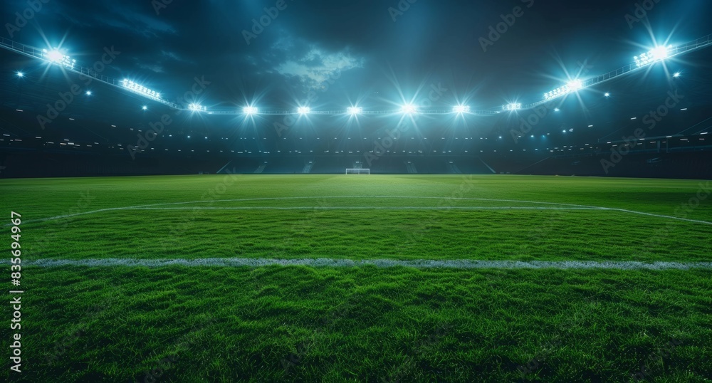 The brightly lit football stadium, the empty green grass under the dark night sky. Banner or poster design with large sports background. The concept of sports competition and the style of game action The brightly lit football stadium, the empty green grass under the dark night sky. Banner or poster design with large sports background. The concept of sports competition and the style of game action