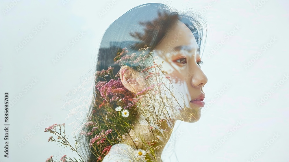 Double Exposure Asian Woman with Flowers and Landscape in Profile on a ...