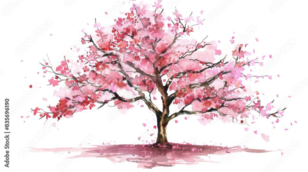 Watercolor painting of a tree with pink blossoms is the main focus of the image. Isolated on transparent background. Watercolor painting of a tree with pink blossoms is the main focus of the image. Isolated on transparent background.