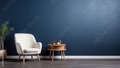 Interior home of living room with armchair on empty dark blue wall copy space mock up  hardwood floor