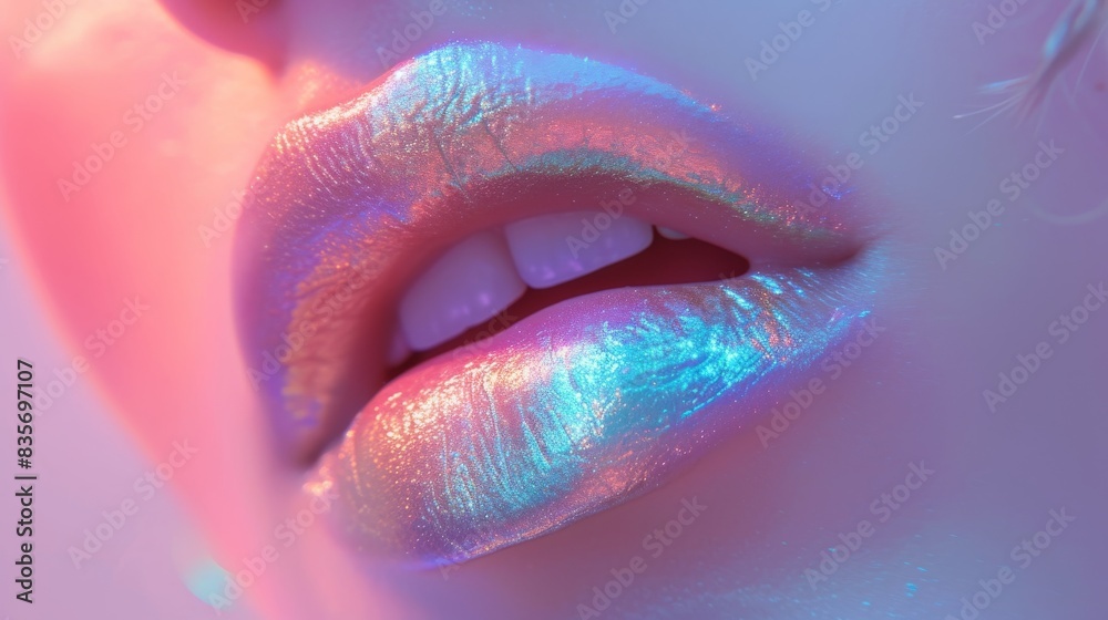 Close-up of vibrant metallic lips with holographic shades Close-up of vibrant metallic lips with holographic shades
