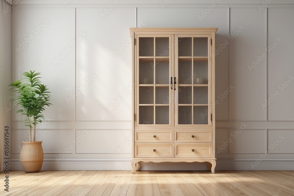 Interior home of living room with wooden cupboard on white wall copy space mock up Interior home of living room with wooden cupboard on white wall copy space mock up