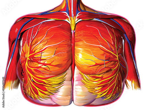 Front view illustration of the female breast anatomy, detailing muscles, tissues, and the structure of the mammary glands.
