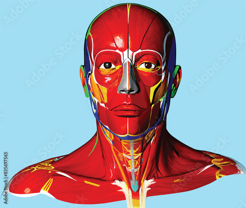 Comprehensive anatomical illustration showcasing the muscles, bones, and vascular system of the human head and neck.