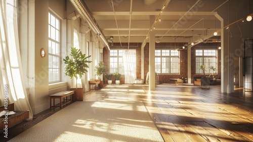 Roomy area brightened by sunlight pouring in through windows Unoccupied inside area