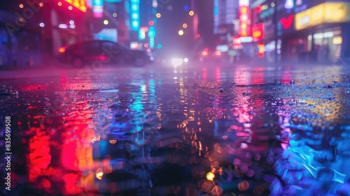 Wet asphalt  neon light reflected on a wet surface  smoke  smog. The lights of the night city.