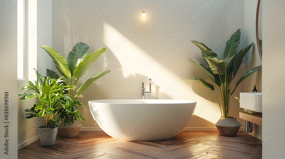 Elegant bathroom with white and beige walls, white bath Elegant bathroom with white and beige walls, white bath