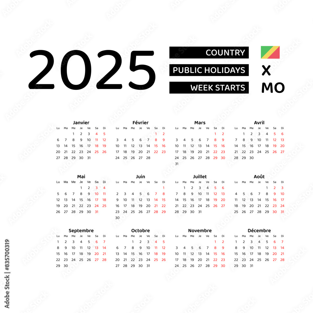 Republic of the Congo Calendar 2025. Week starts from Monday. Vector graphic design. French language. Republic of the Congo Calendar 2025. Week starts from Monday. Vector graphic design. French language.