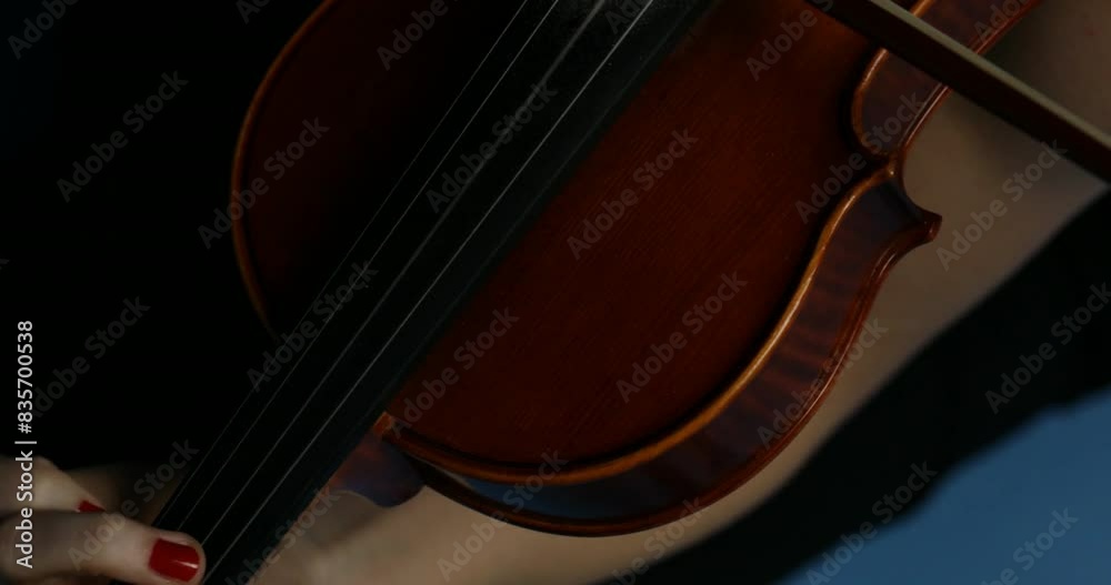 Violinist in black, plays against blue backdrop Violinist in black, plays against blue backdrop