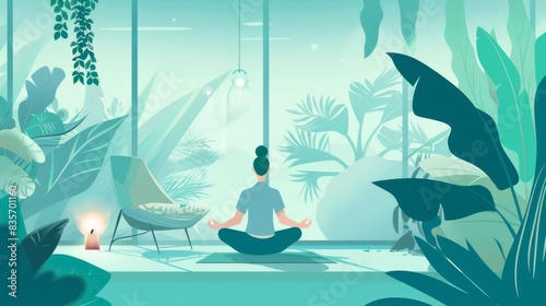 Yogo meditation, A flat illustration shows a person meditating in an indoor space with large windows, surrounded by plants and soft lighting. photo
