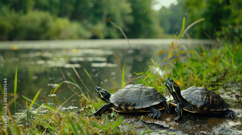 Obraz premium Mud turtles by the edge of a pond