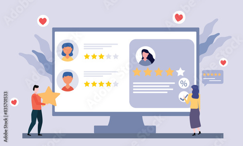 People giving  star feedback and choosing satisfaction rating on computer site . Customer review rating and feedback concept. Flat vector illustration.
