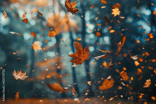 autumn scene in the park with falling leaves by generative ai © Wongjogja