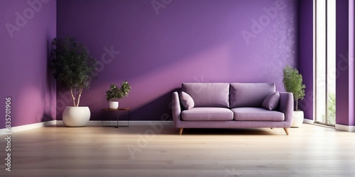 Interior home of living room with purple sofa and end table on ultra violet wall  hardwood floor