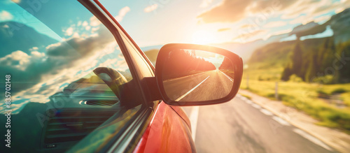 view side mirror of car summer roadtrip concept background