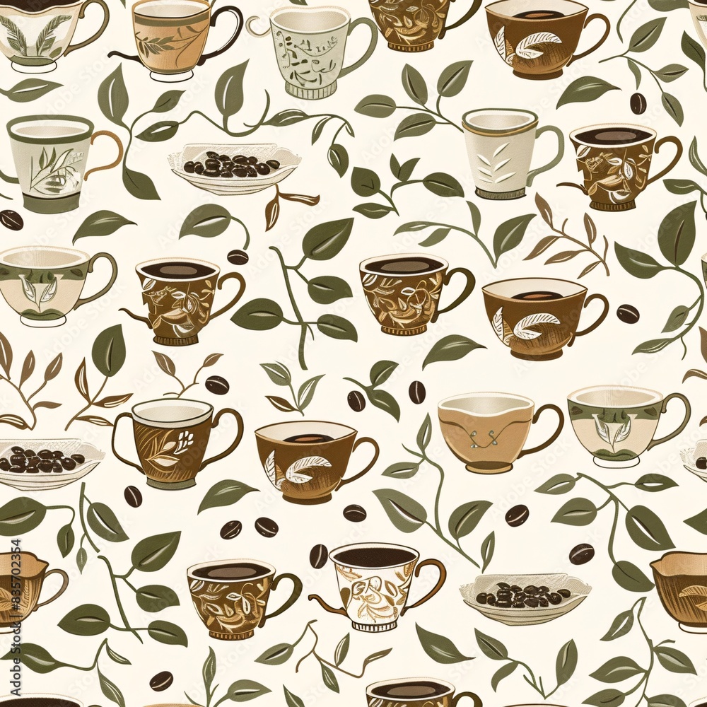 An elegant seamless pattern showcasing an assortment of coffee cups and mugs, intricately intertwined with coffee plants and beans for a repeating design An elegant seamless pattern showcasing an assortment of coffee cups and mugs, intricately intertwined with coffee plants and beans for a repeating design