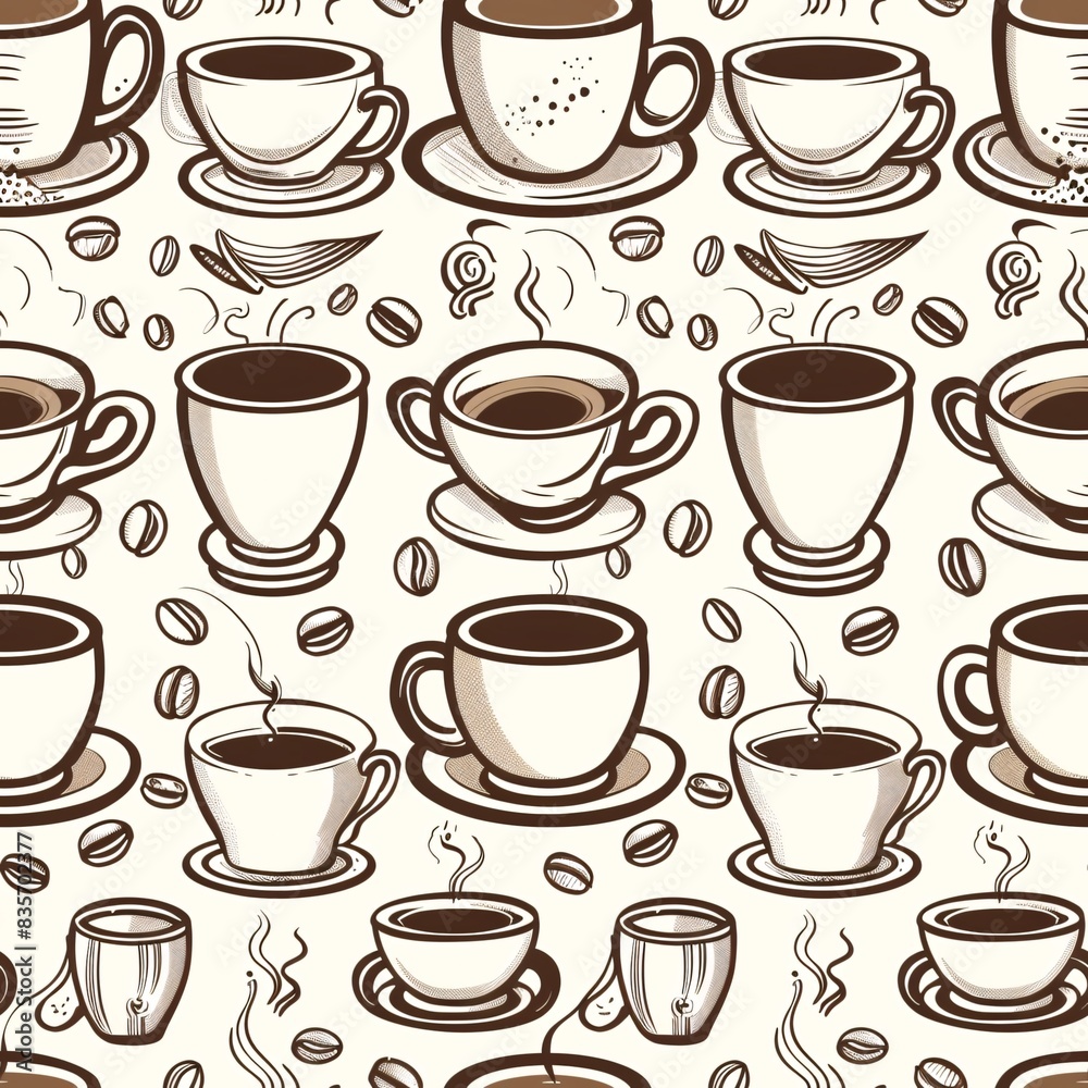 A seamless pattern of different coffee mugs and cups, harmoniously intertwined with coffee beans and steam swirls for a continuous layout A seamless pattern of different coffee mugs and cups, harmoniously intertwined with coffee beans and steam swirls for a continuous layout