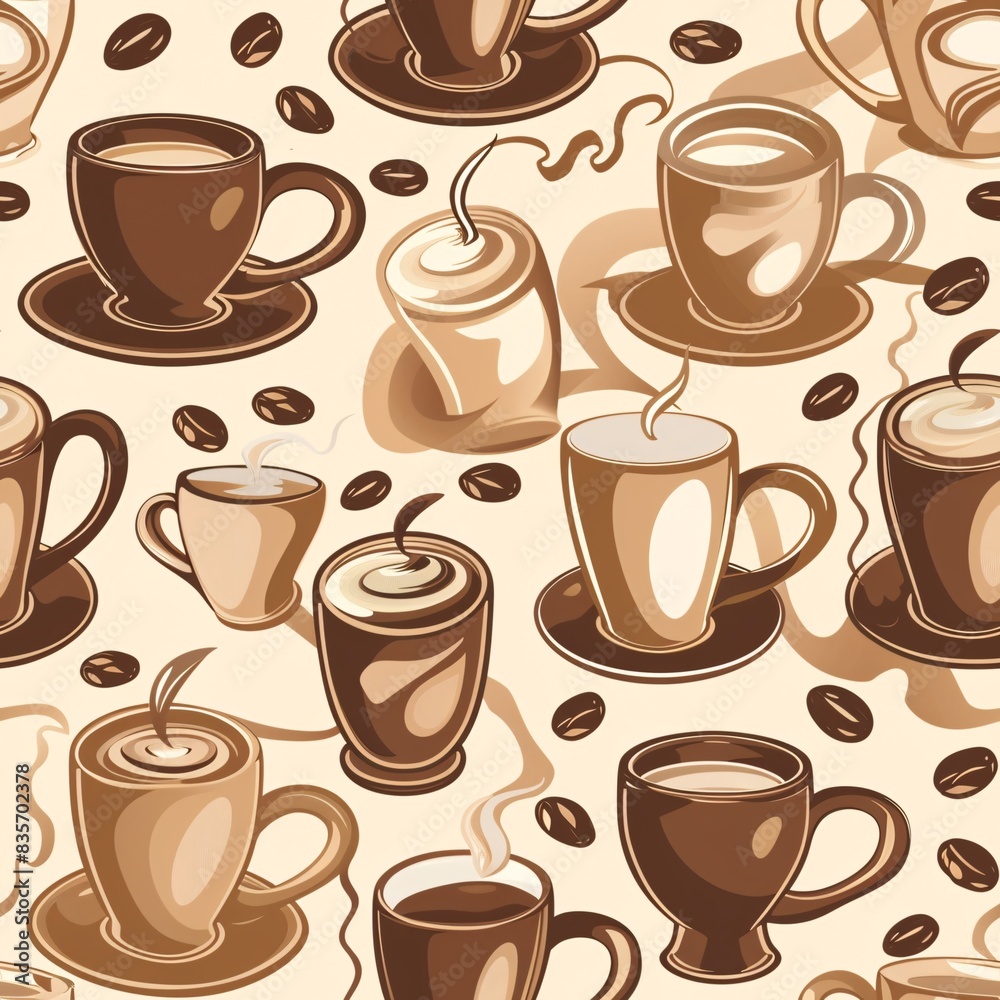 A seamless pattern of different coffee mugs and cups, harmoniously intertwined with coffee beans and steam swirls for a continuous layout A seamless pattern of different coffee mugs and cups, harmoniously intertwined with coffee beans and steam swirls for a continuous layout