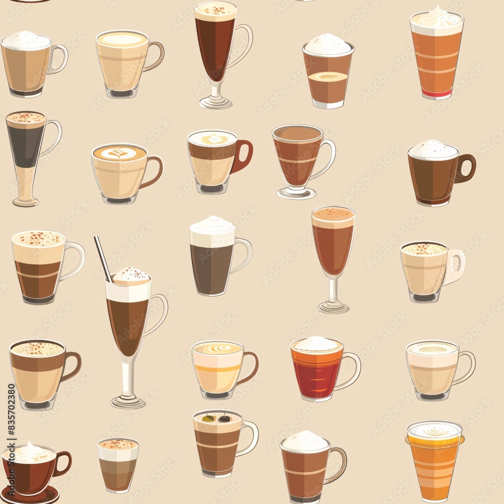 A detailed seamless pattern featuring various types of coffee drinks in cups and mugs, creating an elegant repetitive design