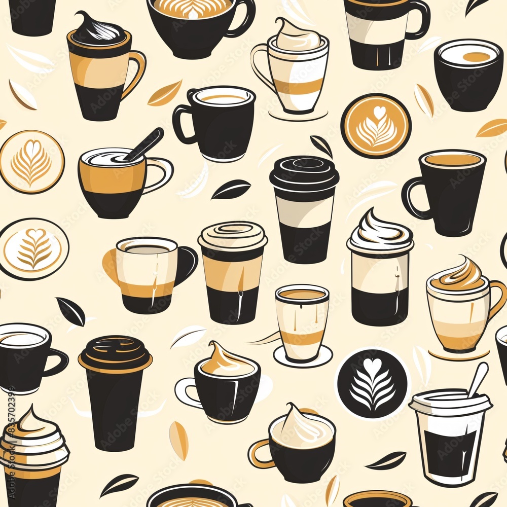 A sophisticated seamless pattern with an array of coffee shop essentials like coffee cups, mugs, and latte art, intricately arranged for a cohesive design A sophisticated seamless pattern with an array of coffee shop essentials like coffee cups, mugs, and latte art, intricately arranged for a cohesive design