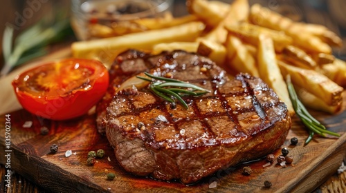 Flavorful steak with tomato and fries