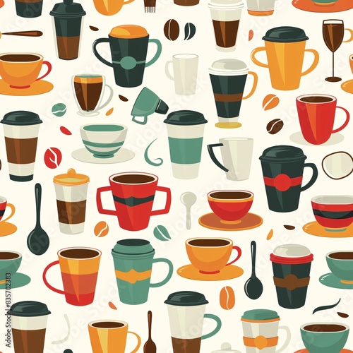 A colorful seamless pattern showcasing an assortment of coffee shop items such as espresso cups, saucers, and to-go mugs, artistically arranged for a repeating design