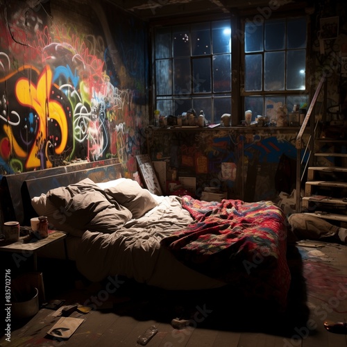 graffitti bedroom cool night celiing with stars fluffy rug dark wood big bed photo