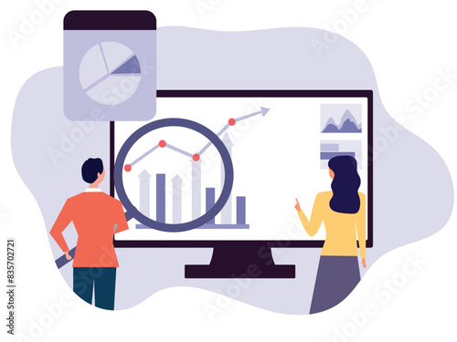 People analyse data online and prepare graph reports on a computer dashboard. Finance report graph data analytics concepts. Flat vector illustration.