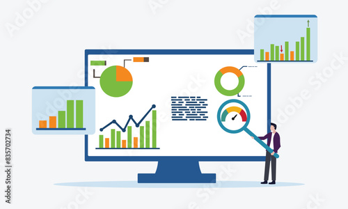 People analyse data online and prepare graph reports on a computer dashboard. Finance report graph data analytics concepts. Flat vector illustration.