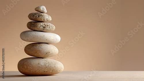 Stone zen concept with balanced rock stacks conveying tranquility and harmony. Ideal for meditation  mental equilibrium  and serenity