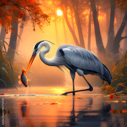A heron bird has a fish in its mouth in the water at sunset,Heron with Fish at Sunset.