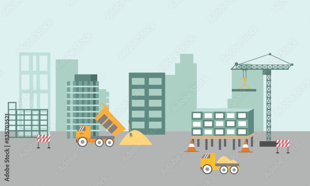 Heavy construction machines are working at the site. Landscape of building process with crane, bulldozer, excavator and concrete mixer machine. Flat vector illustration.