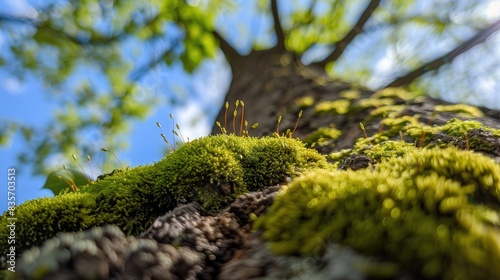 Moss growth on a tree in the garden during the onset of spring
