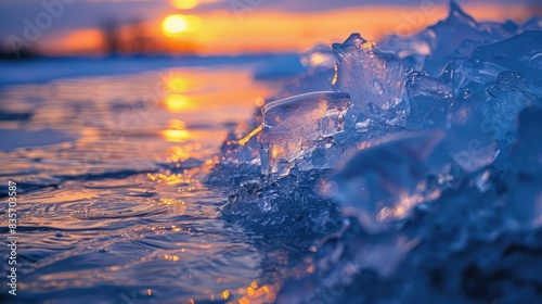Ice by the water during sunset