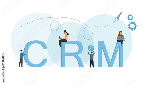 Poster of CRM, customer relationship management concept. Businessman perform data analysis. Flat cartoon style Vector illustration.