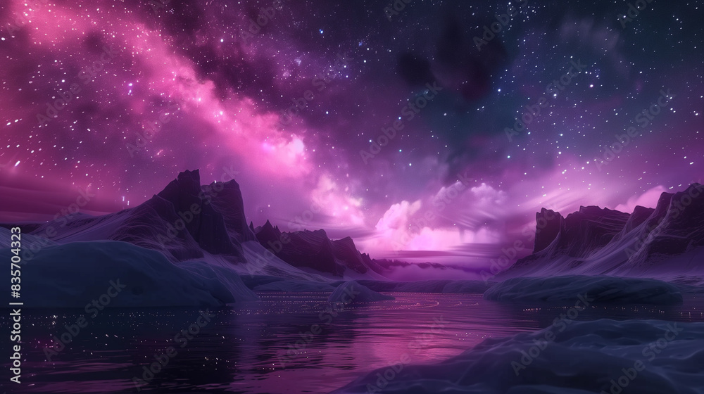 Fototapeta premium Enchanting Pink Purple Night Sky with Aurora and Milky Way, Glowing Colors and Lighting Effects, Epic Fantasy Landscape.
