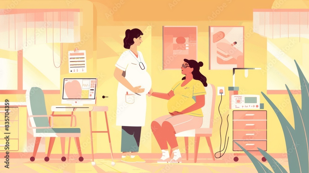 A pregnant woman sits on a chair in front of her doctor, who is standing and listening to her heart with an echocardiogram device. The room has medical equipment such as monitors and cabinets around A pregnant woman sits on a chair in front of her doctor, who is standing and listening to her heart with an echocardiogram device. The room has medical equipment such as monitors and cabinets around