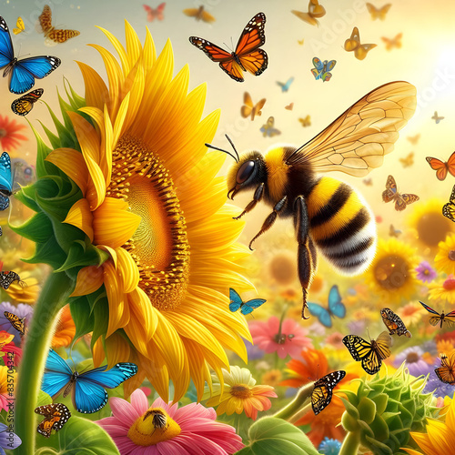 At dawn a bumblebee is also sitting on a sunflower flower and other butterflies are flying over the flowers.