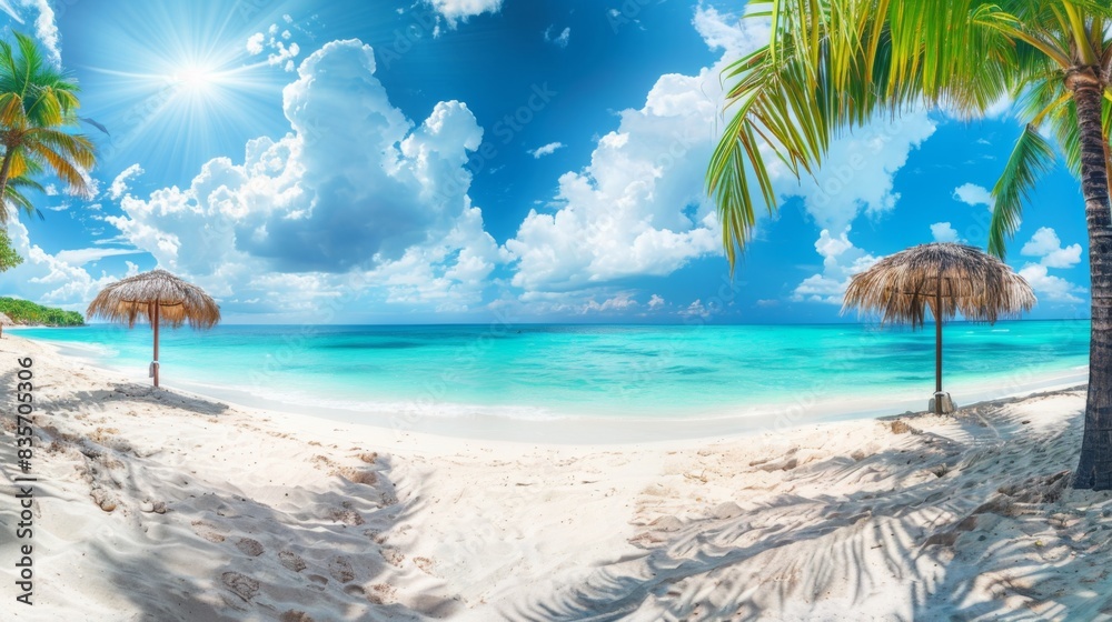 Fototapeta premium Panorama beautiful beach with white sand, turquoise ocean and blue sky with clouds on Sunny day. Summer tropical landscape with